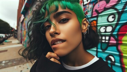 Photo close-up of a young Latina woman with vibrant green streaks in her hair, biting her lower lip in anticipation, with a colorful graffiti wall