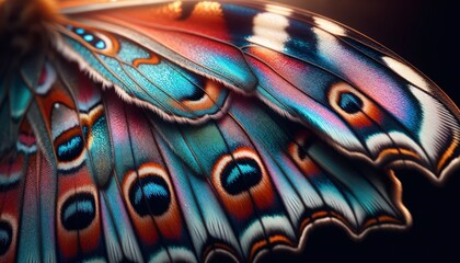 A close-up photo of a butterfly's wing, showcasing its vibrant colors and intricate patterns.