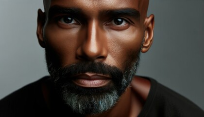 Fototapeta premium Close-up photo of a middle-aged man with dark skin, a bald head and a neatly trimmed beard