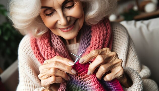 Close-up photo of an elderly Caucasian woman knitting a vibrant scarf, her fingers swiftly moving the needles, and a serene smile on her lips