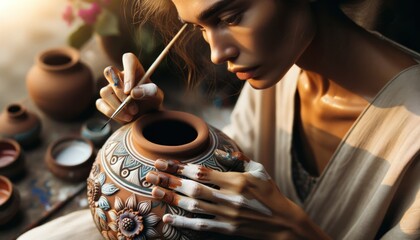 A close-up shot of a woman with tan skin meticulously painting intricate details on a ceramic vase.