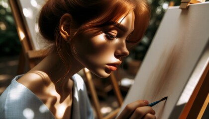 Close-up photo of a young woman with auburn hair, intently painting on a canvas in an outdoor setting - obrazy, fototapety, plakaty