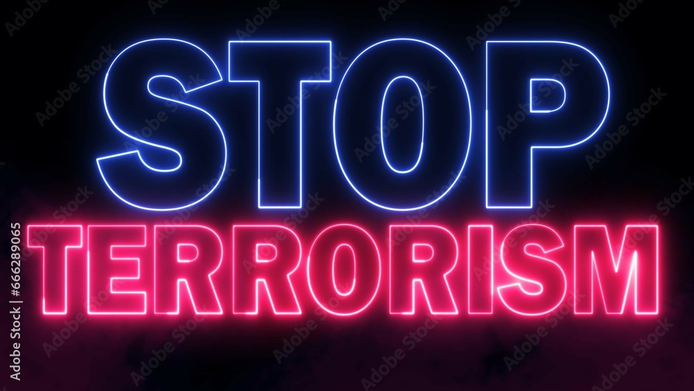 Poster stop terrorism text font with light. luminous and shimmering haze inside the letters of the text sto