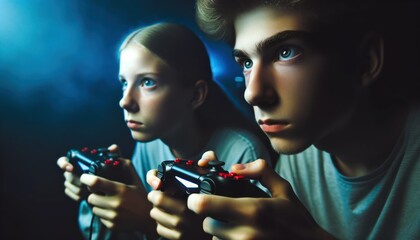 Close-up of two Caucasian teenagers, one male and one female, engrossed in a competitive video game.
