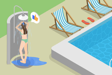 3D Isometric Flat Vector Illustration of Swimming Pool Shower, Summer Vacations and Seaside Relax