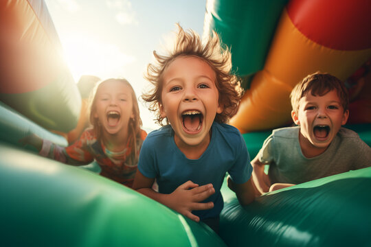 Lachende Kinder haben Spa&szlig; auf H&uuml;pfburg