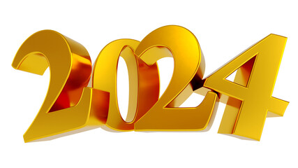 3D render of golden 2024 number for Happy New Year, gold 2024 number isolated on white background