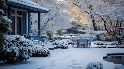 A tranquil backyard filled with untouched, soft snow

