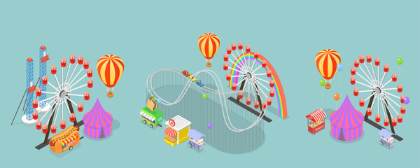 Fototapeta na wymiar 3D Isometric Flat Vector Set of Amusement Parks, Observation Wheel, Roller Coaster