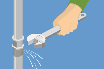 3D Isometric Flat Vector Illustration of Professional Plumber, Fixing Leak of Water Pipe