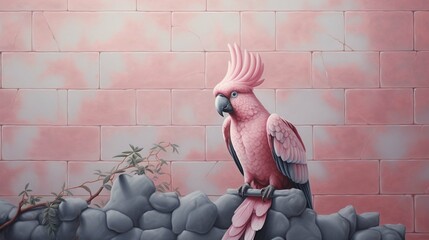 pink parrot painting on wall 3d rendering
