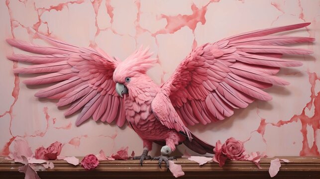 pink parrot painting on wall 3d rendering