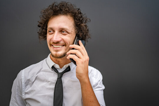 man businessman wear shirt use mobile phone smartphone make call talk