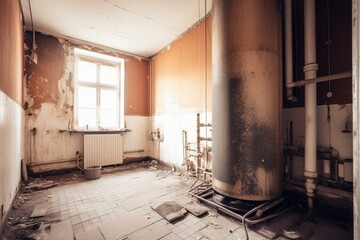 Failed building renovation, old gas heating with storage. Generative AI