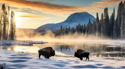 Bison grazing in a pristine, snow-covered wilderness
