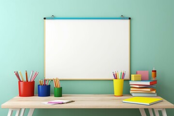 empty whiteboard with school supplies. Generative AI