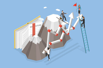 3D Isometric Flat Vector Illustration of Goal Achievement, Group People is Climbing a Mountain