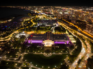 Areial night shot of Field Museum Chicago & Soldier Field
