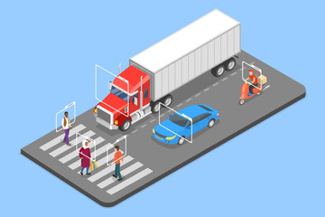 3D Isometric Flat Vector Illustration of Vehicle Recognition, Artificial Intelligence Technology