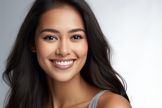 A close-up portrait photograph of a lovely young Asian Indian model woman showcasing a bright smile with clean teeth, perfect for a dental advertisement. 