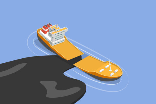 3D Isometric Flat Vector Illustration of Ecological And Environmental Disaster, An Oil Tanker Accident
