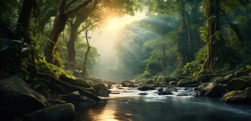 amazon rainforest with tropical vegetation, a creek runs through a mysterious jungle, a mountain stream in a lush green valley - Powered by Adobe