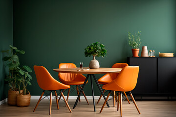 Modern living room with Scandinavian and mid-century design: round dining table, orange leather chairs, and a green wall.