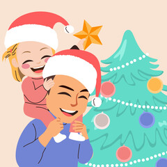 Dad and baby girl put xmas star on top of the tree concept of family time on Winter holidays vector illustration drawing. Father and daughter decorating Christmas tree