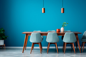 Mid-century modern dining room with wooden table and chairs against a vibrant blue wall.