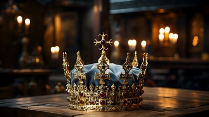 king's crown on a wooden table with a blurry background - obrazy, fototapety, plakaty
