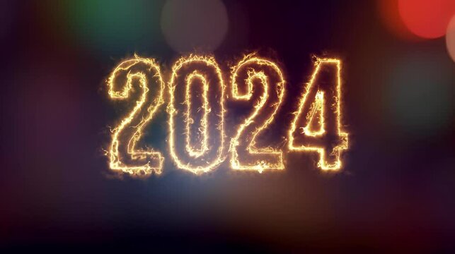 Animation of 2024 year sign, radiant energy light effect, with bokeh lights background, new year