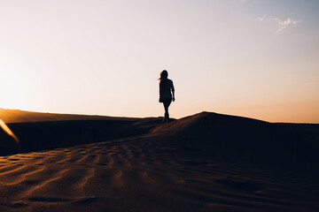 Fototapeta na wymiar Sunset desert landscape with silhouette of woman