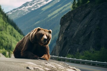 Bear on the side of a roadway in a mountain park. 
