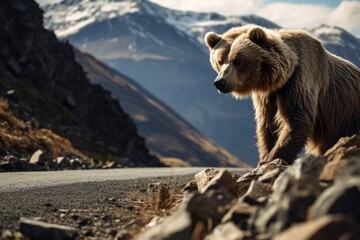 Bear on the side of a roadway in a mountain park. 