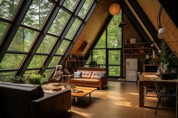 Interior of a modern A-frame cabin in the woods.  - obrazy, fototapety, plakaty