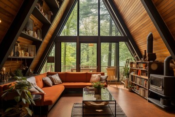 Interior of a modern A-frame cabin in the woods. 