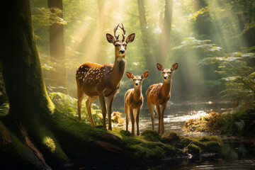 Deep within the wilderness of the forest, a deer family thrives. The dappling sunbeams cocoon their happiness. Concepts in harmony with Earth Day, the environment, nature, and wildlife.