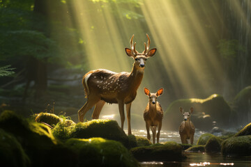 The deer family thrives in the untouched forest of nature. The speckled sunlight surrounds their happiness. A concept well-suited for Earth Day, the environment, nature, and animals.