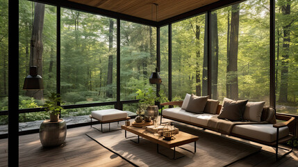 Contemporary screened porch with outdoor seating, forest scenery in summer.