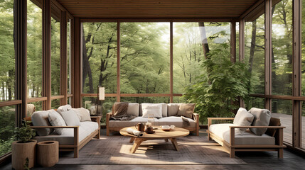 Fototapeta na wymiar Contemporary screened porch with outdoor seating, forest scenery in summer.