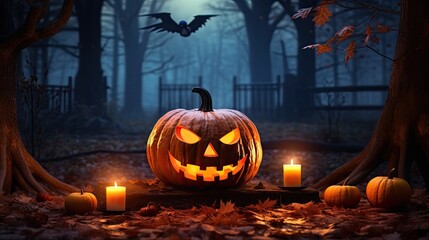 An illuminated Halloween pumpkin head jack-o'-lantern with burning candles, set against a spooky forest backdrop beneath a full moon, placed on a wooden table