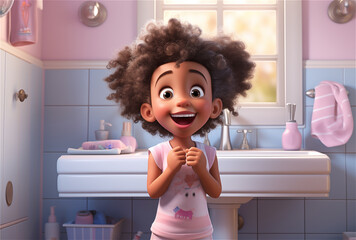 Little black girl happy in a pink bathroom, bathroom sink, morning routine, 3D cartoon