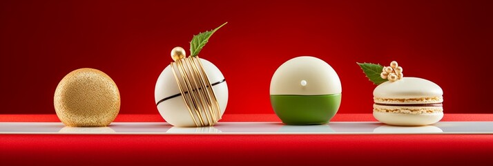 White, green, red and gold colored luxury elegantly sweets at Christmas with cozy blur background