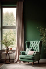Green wingback chair near window. Classic home interior design of living room. Design idea