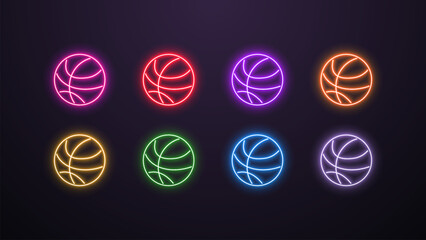 A set of neon icons with a basketball ball in different colors on a dark background.