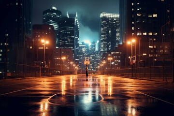 Basketball on ground in illuminated city at night. Generative AI