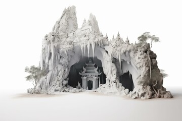 An isolated white background depicting a deserted underground temple in a 3D illustration. Generative AI