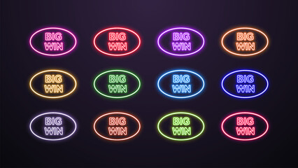 A set of neon big win icons in a frame in different bright colors on a dark background. A concept for casino and poker.