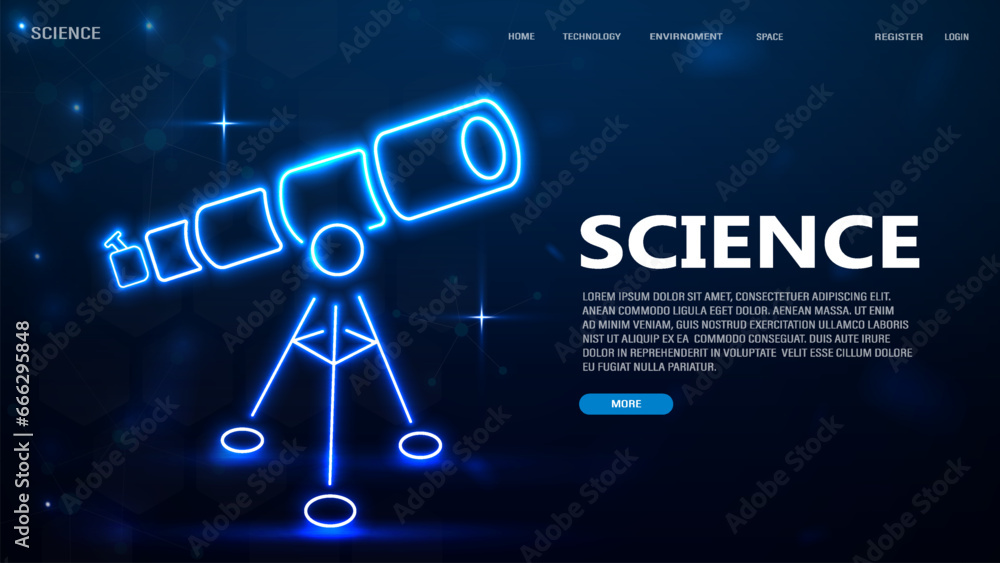 Wall mural a web banner with a neon bright shiny telescope in blue with text. a concept on the topic of science