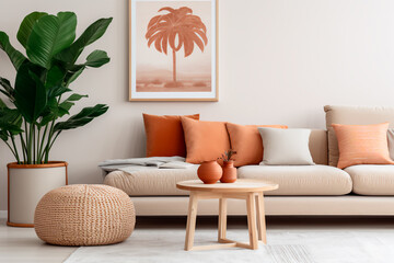 Beige velvet sofa with terra cotta cushions amid lush houseplants. A wooden round coffee table sits near an ottoman atop a knitted rug